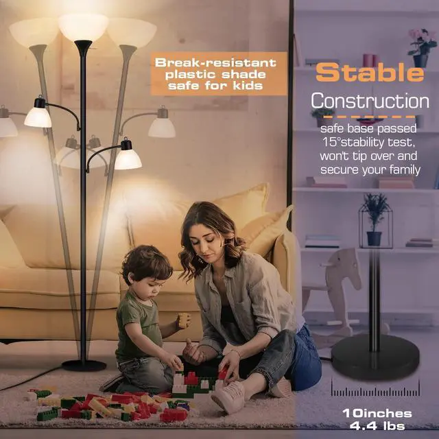 Alt view image 6 of 7 - Floor Lamps for Living Room, 72" Tall Torchiere Floor Lamp with 8W Adjustable Reading Lights, Industrial Lamps for Living Room, Bedroom, Office, Black Tree Floor Lamp3 Bulbs Included