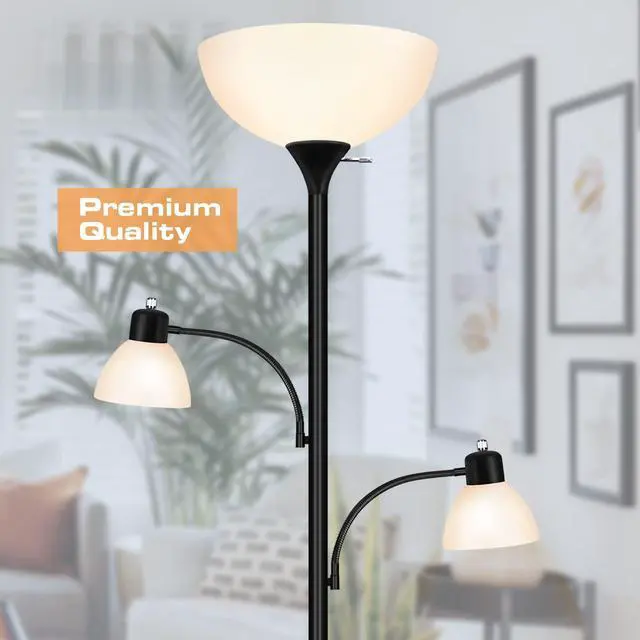 Alt view image 2 of 7 - Floor Lamps for Living Room, 72" Tall Torchiere Floor Lamp with 8W Adjustable Reading Lights, Industrial Lamps for Living Room, Bedroom, Office, Black Tree Floor Lamp3 Bulbs Included