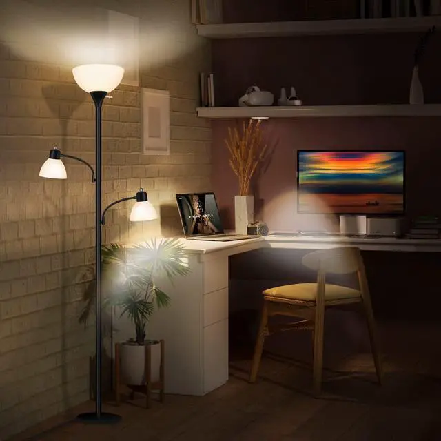Alt view image 7 of 7 - Floor Lamps for Living Room, 72" Tall Torchiere Floor Lamp with 8W Adjustable Reading Lights, Industrial Lamps for Living Room, Bedroom, Office, Black Tree Floor Lamp3 Bulbs Included