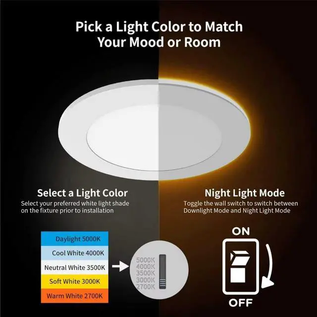 Alt view image 2 of 7 - 6 Pack 6 Inch 5CCT LED Recessed Lighting with Night Light, 2700K/3000K/3500K/4000K/5000K Selectable Ultra-Thin LED Recessed Ceiling Lights, 12W=110W, 1050LM, Dimmable Canless Wafer Downlight
