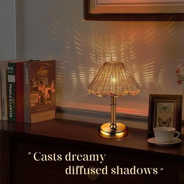 Alt view image 2 of 7 - Mini Cordless Boho Rattan Table lamp, 5200-mAh Rechargeable Battery, 3-Level Brightness Dimmable, Build-in Integrated LED 320 Lumen Max, Rattan Shade, for Bedside Restaurant Dining Table