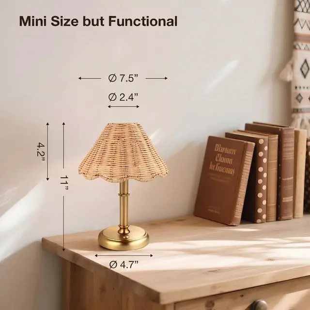 Alt view image 3 of 7 - Mini Cordless Boho Rattan Table lamp, 5200-mAh Rechargeable Battery, 3-Level Brightness Dimmable, Build-in Integrated LED 320 Lumen Max, Rattan Shade, for Bedside Restaurant Dining Table
