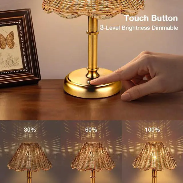 Alt view image 4 of 7 - Mini Cordless Boho Rattan Table lamp, 5200-mAh Rechargeable Battery, 3-Level Brightness Dimmable, Build-in Integrated LED 320 Lumen Max, Rattan Shade, for Bedside Restaurant Dining Table