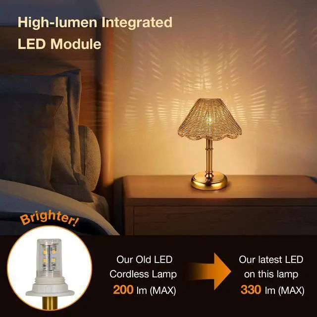 Alt view image 5 of 7 - Mini Cordless Boho Rattan Table lamp, 5200-mAh Rechargeable Battery, 3-Level Brightness Dimmable, Build-in Integrated LED 320 Lumen Max, Rattan Shade, for Bedside Restaurant Dining Table