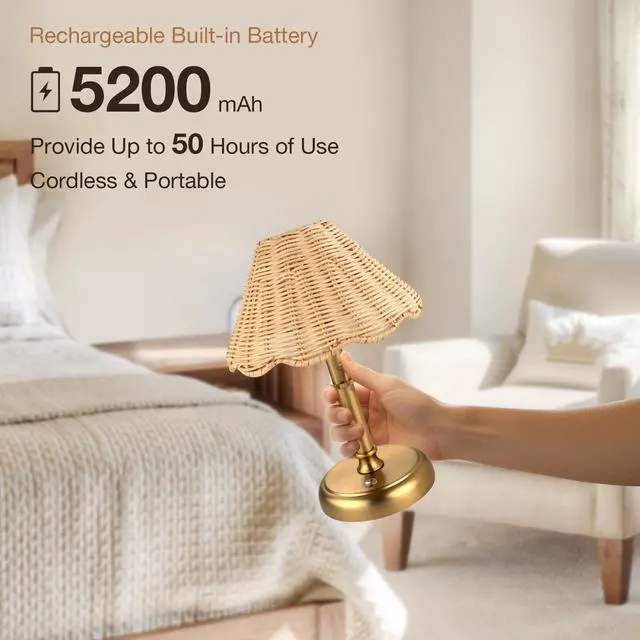 Alt view image 6 of 7 - Mini Cordless Boho Rattan Table lamp, 5200-mAh Rechargeable Battery, 3-Level Brightness Dimmable, Build-in Integrated LED 320 Lumen Max, Rattan Shade, for Bedside Restaurant Dining Table