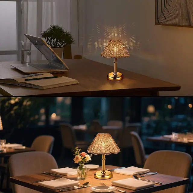 Alt view image 7 of 7 - Mini Cordless Boho Rattan Table lamp, 5200-mAh Rechargeable Battery, 3-Level Brightness Dimmable, Build-in Integrated LED 320 Lumen Max, Rattan Shade, for Bedside Restaurant Dining Table