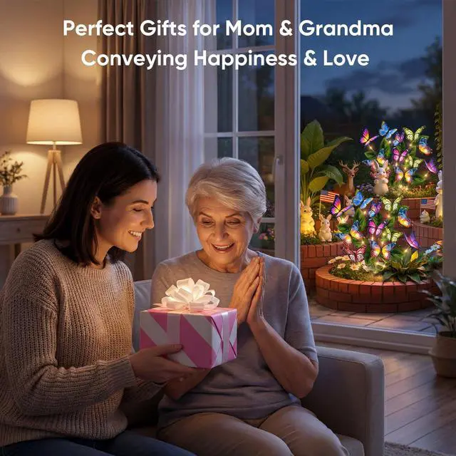 Alt view image 3 of 7 - Solar Lights Outdoor Garden Decor: 2 Pack 34 Silk Butterflies with 44 Color-Changing LEDs - Auto On/Off 12H Magical Lighting IP65 Waterproof for Yard Patio Pathway - Unique Gifts for Mom Grandma