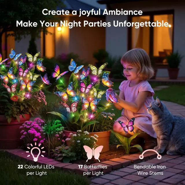 Alt view image 5 of 7 - Solar Lights Outdoor Garden Decor: 2 Pack 34 Silk Butterflies with 44 Color-Changing LEDs - Auto On/Off 12H Magical Lighting IP65 Waterproof for Yard Patio Pathway - Unique Gifts for Mom Grandma