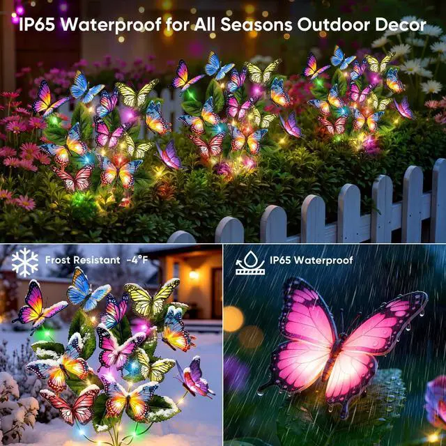 Alt view image 6 of 7 - Solar Lights Outdoor Garden Decor: 2 Pack 34 Silk Butterflies with 44 Color-Changing LEDs - Auto On/Off 12H Magical Lighting IP65 Waterproof for Yard Patio Pathway - Unique Gifts for Mom Grandma
