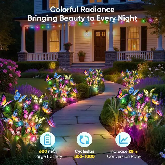 Alt view image 4 of 7 - Solar Lights Outdoor Garden Decor: 2 Pack 34 Silk Butterflies with 44 Color-Changing LEDs - Auto On/Off 12H Magical Lighting IP65 Waterproof for Yard Patio Pathway - Unique Gifts for Mom Grandma