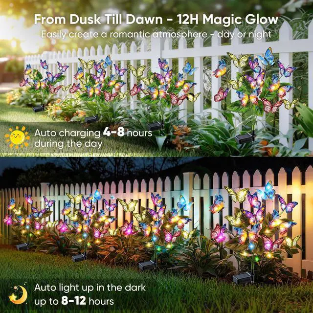 Alt view image 7 of 7 - Solar Lights Outdoor Garden Decor: 2 Pack 34 Silk Butterflies with 44 Color-Changing LEDs - Auto On/Off 12H Magical Lighting IP65 Waterproof for Yard Patio Pathway - Unique Gifts for Mom Grandma
