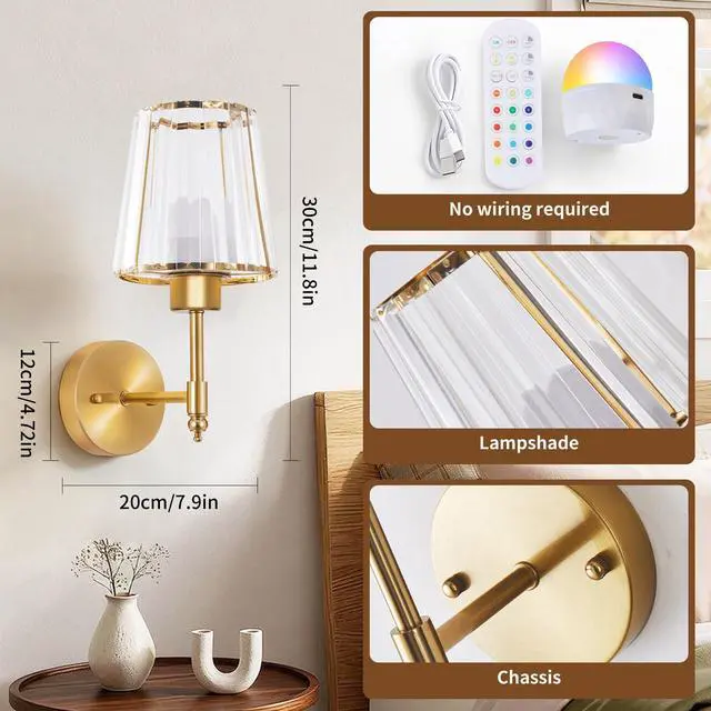 Alt view image 3 of 7 - Battery Operated Wall Sconce Set of 2, Rechargeable Wireless Wall Lights | with 5200mAh Dimmable Bulbs and Remote,15 Colors Wireless Wall Lamps for Bedroom Living Room Hallway Decor-Clear gold