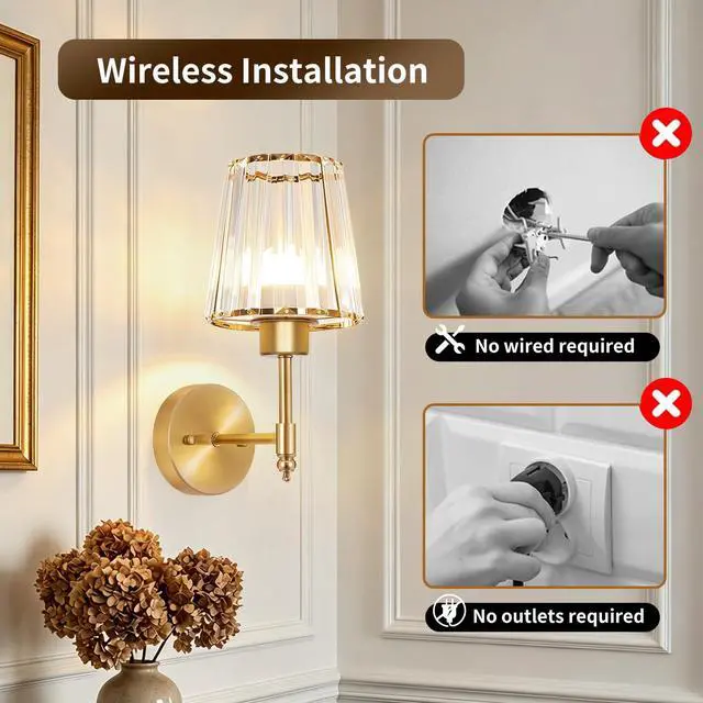 Alt view image 4 of 7 - Battery Operated Wall Sconce Set of 2, Rechargeable Wireless Wall Lights | with 5200mAh Dimmable Bulbs and Remote,15 Colors Wireless Wall Lamps for Bedroom Living Room Hallway Decor-Clear gold