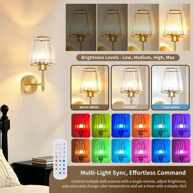 Alt view image 5 of 7 - Battery Operated Wall Sconce Set of 2, Rechargeable Wireless Wall Lights | with 5200mAh Dimmable Bulbs and Remote,15 Colors Wireless Wall Lamps for Bedroom Living Room Hallway Decor-Clear gold