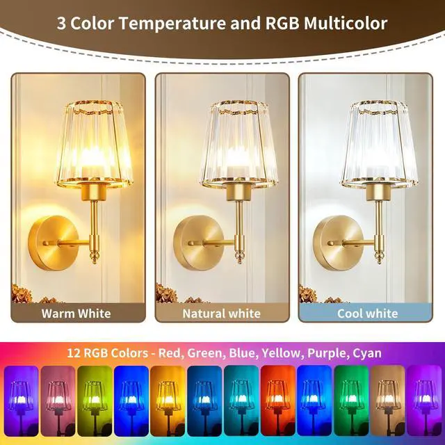Alt view image 6 of 7 - Battery Operated Wall Sconce Set of 2, Rechargeable Wireless Wall Lights | with 5200mAh Dimmable Bulbs and Remote,15 Colors Wireless Wall Lamps for Bedroom Living Room Hallway Decor-Clear gold