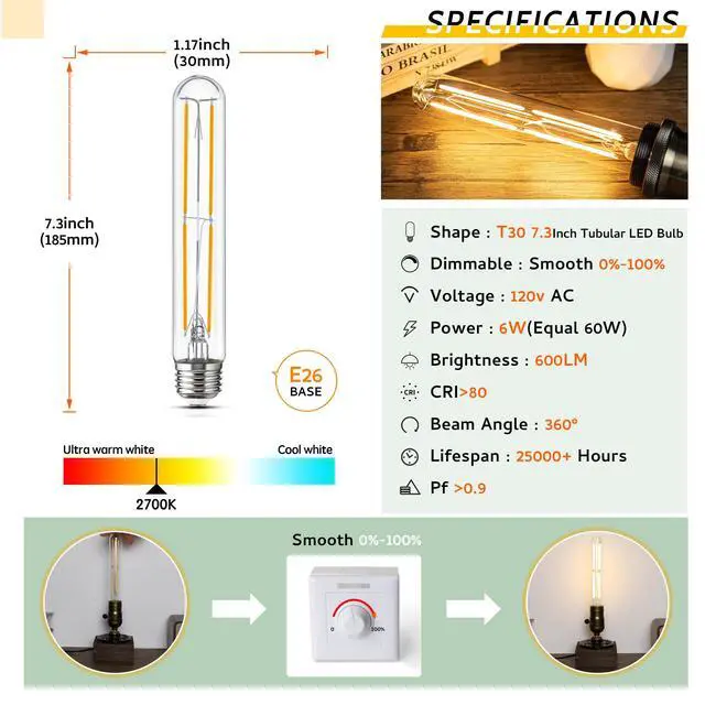Alt view image 2 of 6 - Tubular Light Bulb 7.3 Inch Dimmable T10 LED Bulb E26 6W 60 Watts | Edison Bulbs 2700K Solf White,185mm Long for Wall Sconces, Pendant, Livingroom, 4-Pack