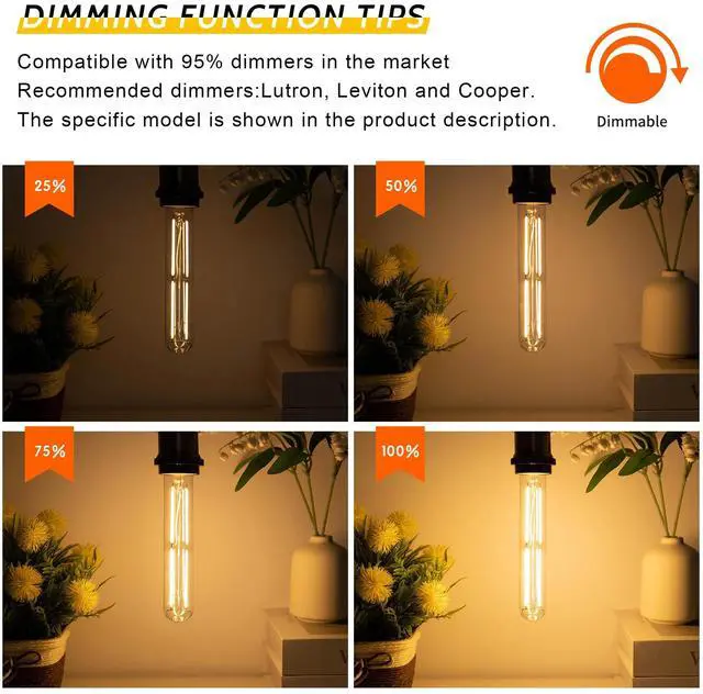 Alt view image 4 of 6 - Tubular Light Bulb 7.3 Inch Dimmable T10 LED Bulb E26 6W 60 Watts | Edison Bulbs 2700K Solf White,185mm Long for Wall Sconces, Pendant, Livingroom, 4-Pack