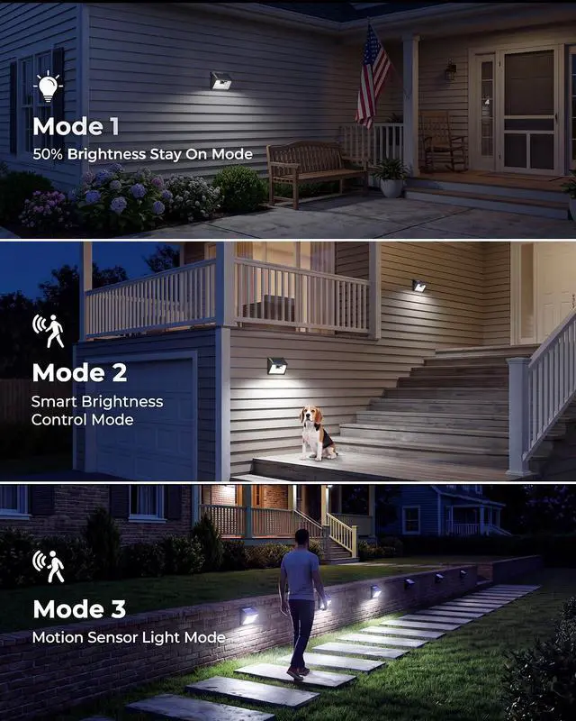 Alt view image 4 of 7 - Solar Lights Outdoor Motion Sensor, 6 Pack 140 LED Solar Powered Fence Light Waterproof, 3 Modes Security Wall Lighting for Outside Yard Deck Garden