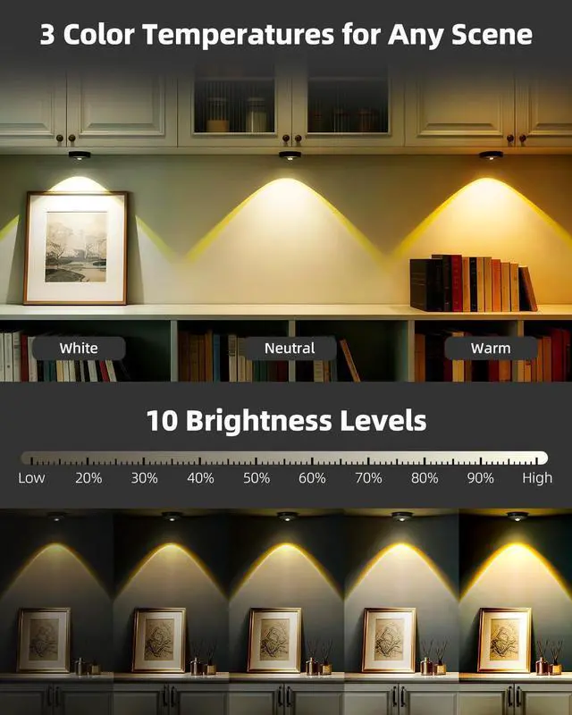 Alt view image 2 of 7 - Rechargeable Puck Lights with Remote Control, 1500mAh Battery Operated Tap Lights, Dimmer & Timer Under Cabinet, Wireless LED Stick-On for Closet, Bedroom, Kitchen - Black 3Pcs