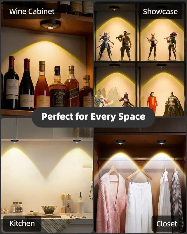 Alt view image 4 of 7 - Rechargeable Puck Lights with Remote Control, 1500mAh Battery Operated Tap Lights, Dimmer & Timer Under Cabinet, Wireless LED Stick-On for Closet, Bedroom, Kitchen - Black 3Pcs