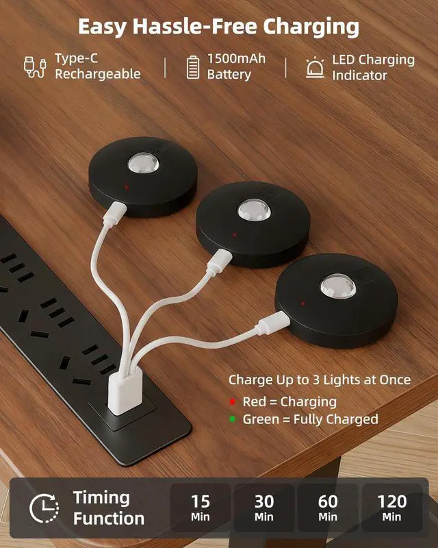 Alt view image 5 of 7 - Rechargeable Puck Lights with Remote Control, 1500mAh Battery Operated Tap Lights, Dimmer & Timer Under Cabinet, Wireless LED Stick-On for Closet, Bedroom, Kitchen - Black 3Pcs