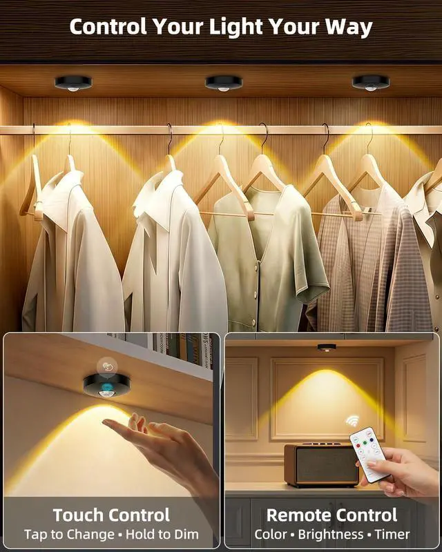 Alt view image 6 of 7 - Rechargeable Puck Lights with Remote Control, 1500mAh Battery Operated Tap Lights, Dimmer & Timer Under Cabinet, Wireless LED Stick-On for Closet, Bedroom, Kitchen - Black 3Pcs