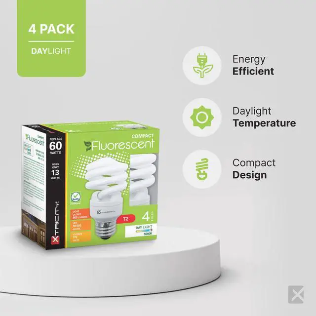 Alt view image 2 of 7 - Compact Fluorescent Light Bulbs T2 Spiral, E26 Base (4 Pack) | 13W (60W Equivalent), 5000k Daylight, 900 Lumens, CFL, 120V - UL Listed