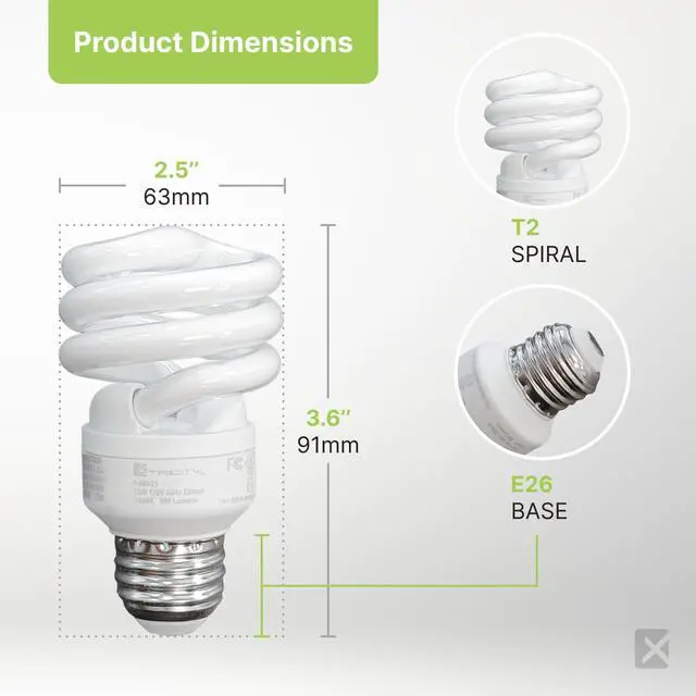 Alt view image 5 of 7 - Compact Fluorescent Light Bulbs T2 Spiral, E26 Base (4 Pack) | 13W (60W Equivalent), 5000k Daylight, 900 Lumens, CFL, 120V - UL Listed