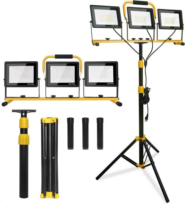 Main image of 21000-Lumen LED Work Light with Stand for Job Site Garage, Black | 3 Head Portable Tripod Worklight, 48"-72" Adjustable Height, IP66 Waterproof, 360° Rotation, Ideal for Workshop, Emergency