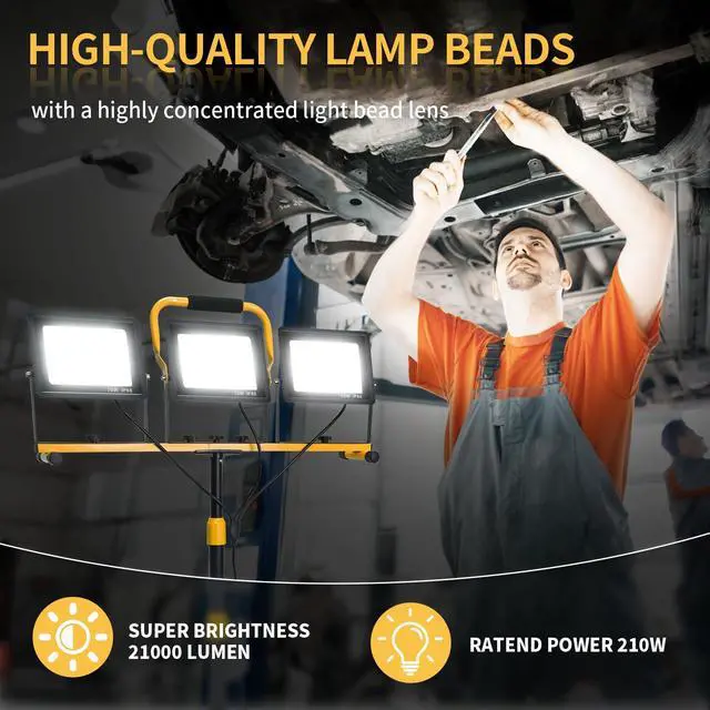 Alt view image 2 of 5 - 21000-Lumen LED Work Light with Stand for Job Site Garage, Black | 3 Head Portable Tripod Worklight, 48"-72" Adjustable Height, IP66 Waterproof, 360° Rotation, Ideal for Workshop, Emergency