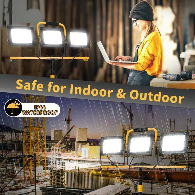 Alt view image 4 of 5 - 21000-Lumen LED Work Light with Stand for Job Site Garage, Black | 3 Head Portable Tripod Worklight, 48"-72" Adjustable Height, IP66 Waterproof, 360° Rotation, Ideal for Workshop, Emergency