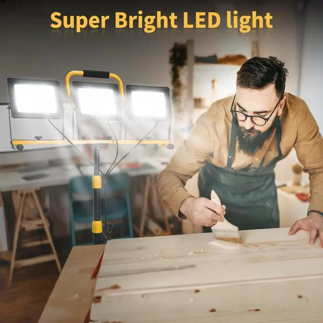 Alt view image 5 of 5 - 21000-Lumen LED Work Light with Stand for Job Site Garage, Black | 3 Head Portable Tripod Worklight, 48"-72" Adjustable Height, IP66 Waterproof, 360° Rotation, Ideal for Workshop, Emergency