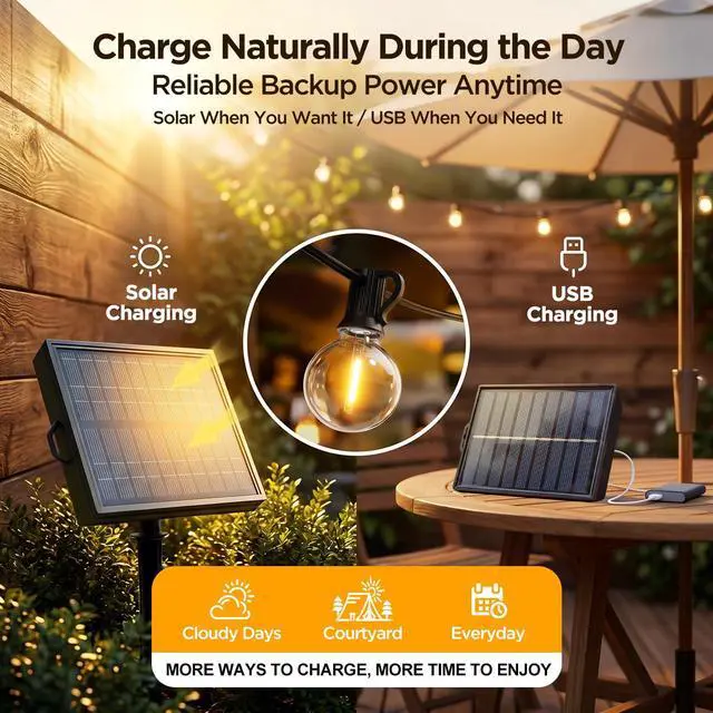 Alt view image 2 of 7 - 100FT Solar String Lights Outdoor, G40 Shatterproof Patio Lights with Upgraded Remote, Solar & USB Charging, Dusk to Dawn, Waterproof Hanging Bistro Lights for Backyard Garden RV Camping