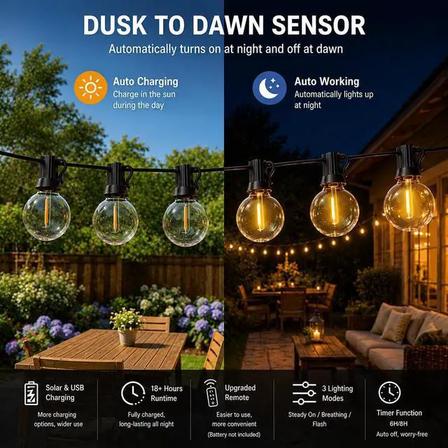 Alt view image 3 of 7 - 100FT Solar String Lights Outdoor, G40 Shatterproof Patio Lights with Upgraded Remote, Solar & USB Charging, Dusk to Dawn, Waterproof Hanging Bistro Lights for Backyard Garden RV Camping