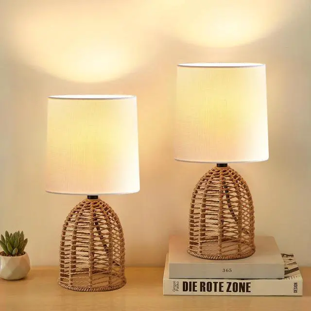Main image of Rattan Lamp Boho Lamps Set of 2-13.75" Mini Farmhouse Table Lamp Rustic End Table Decorative Small Lamps for Small Spaces Bedroom Nightstand Living Room Reading Desk Side Table Lamp