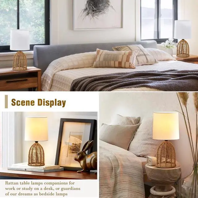 Alt view image 3 of 7 - Rattan Lamp Boho Lamps Set of 2-13.75" Mini Farmhouse Table Lamp Rustic End Table Decorative Small Lamps for Small Spaces Bedroom Nightstand Living Room Reading Desk Side Table Lamp