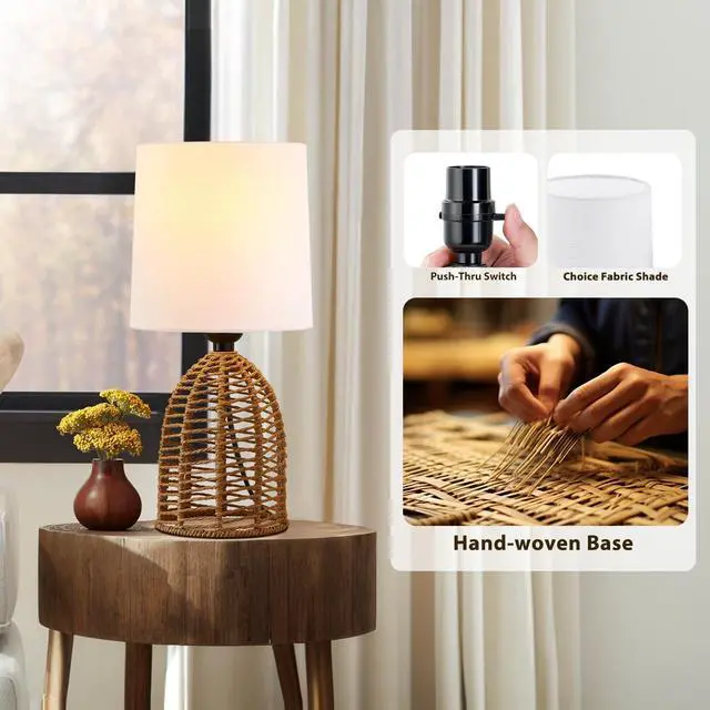 Alt view image 4 of 7 - Rattan Lamp Boho Lamps Set of 2-13.75" Mini Farmhouse Table Lamp Rustic End Table Decorative Small Lamps for Small Spaces Bedroom Nightstand Living Room Reading Desk Side Table Lamp