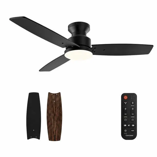 Main image of Modern 42 Inch Ceiling Fans with Lights and Remote for Bedroom Office, Flush Mount, 18W 6CCT Dimmable, Dual Color 3 Blades 6 Speed FReversible Quiet DC Motor Black/Wood Grain