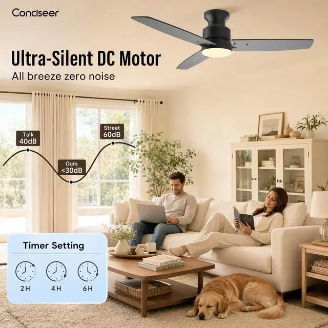 Alt view image 2 of 7 - Modern 42 Inch Ceiling Fans with Lights and Remote for Bedroom Office, Flush Mount, 18W 6CCT Dimmable, Dual Color 3 Blades 6 Speed FReversible Quiet DC Motor Black/Wood Grain
