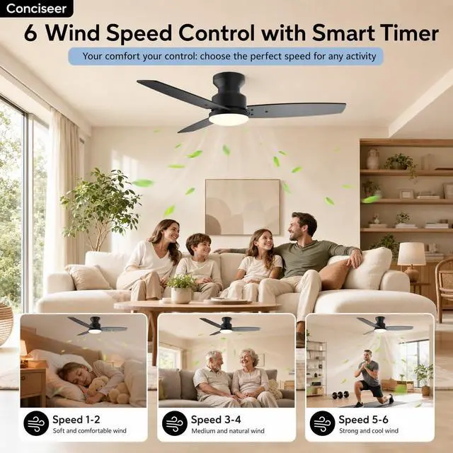 Alt view image 4 of 7 - Modern 42 Inch Ceiling Fans with Lights and Remote for Bedroom Office, Flush Mount, 18W 6CCT Dimmable, Dual Color 3 Blades 6 Speed FReversible Quiet DC Motor Black/Wood Grain
