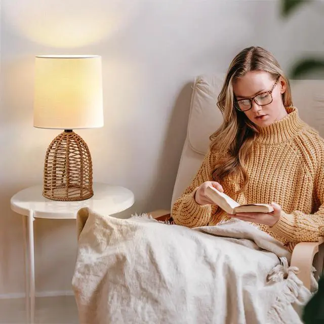 Alt view image 7 of 7 - Rattan Lamp Boho Lamps Set of 2-13.75" Mini Farmhouse Table Lamp Rustic End Table Decorative Small Lamps for Small Spaces Bedroom Nightstand Living Room Reading Desk Side Table Lamp