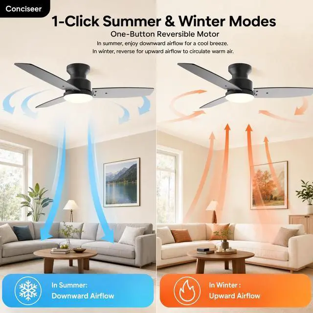 Alt view image 5 of 7 - Modern 42 Inch Ceiling Fans with Lights and Remote for Bedroom Office, Flush Mount, 18W 6CCT Dimmable, Dual Color 3 Blades 6 Speed FReversible Quiet DC Motor Black/Wood Grain