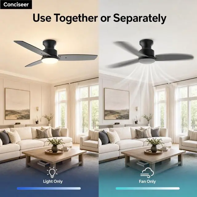 Alt view image 6 of 7 - Modern 42 Inch Ceiling Fans with Lights and Remote for Bedroom Office, Flush Mount, 18W 6CCT Dimmable, Dual Color 3 Blades 6 Speed FReversible Quiet DC Motor Black/Wood Grain