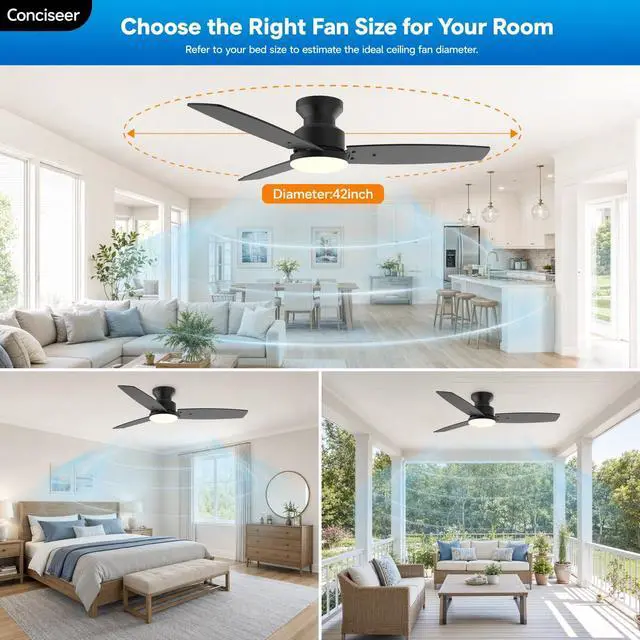 Alt view image 7 of 7 - Modern 42 Inch Ceiling Fans with Lights and Remote for Bedroom Office, Flush Mount, 18W 6CCT Dimmable, Dual Color 3 Blades 6 Speed FReversible Quiet DC Motor Black/Wood Grain