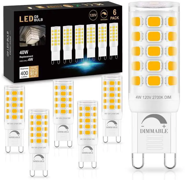 Main image of Dimmable G9 LED Bulb 4W (40 Watt Equivalent) Halogen 6 Pack 2700K | Soft Warm White, 120V T4 G9 Light Bulb, Bi-pin Base, 360°Beam Angle, 400LM, for Crystal Chandelier, Wall Sconce Home Light