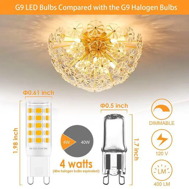 Alt view image 4 of 7 - Dimmable G9 LED Bulb 4W (40 Watt Equivalent) Halogen 6 Pack 2700K | Soft Warm White, 120V T4 G9 Light Bulb, Bi-pin Base, 360°Beam Angle, 400LM, for Crystal Chandelier, Wall Sconce Home Light
