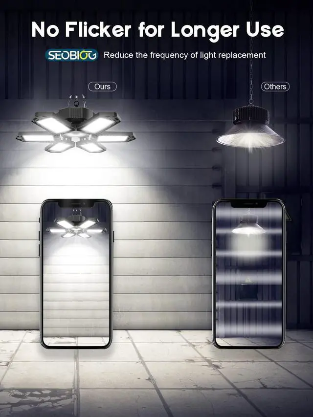 Alt view image 3 of 7 - 2 Pack Plug in Garage Light, 20000LM Shop Light Bay Lighting 6500K | 200W Ultra Bright, Linkable Design, 6 Deformable LED Panels, for Garage workshop Basement