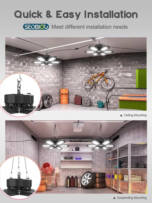 Alt view image 4 of 7 - 2 Pack Plug in Garage Light, 20000LM Shop Light Bay Lighting 6500K | 200W Ultra Bright, Linkable Design, 6 Deformable LED Panels, for Garage workshop Basement