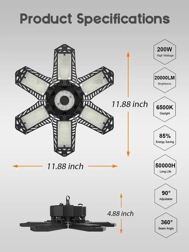 Alt view image 6 of 7 - 2 Pack Plug in Garage Light, 20000LM Shop Light Bay Lighting 6500K | 200W Ultra Bright, Linkable Design, 6 Deformable LED Panels, for Garage workshop Basement