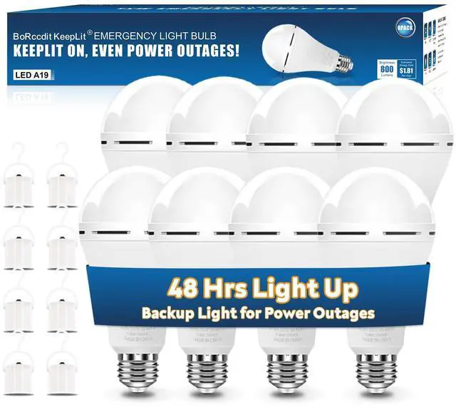 Main image of KeepLit 8 Pack Emergency Rechargeable Light Bulbs, 48H Long Lasting & 3 Brightness Power Outage Lights,12W 5000K Battery Backup Emergency Light Bulbs for Home Power Failure Hurricane